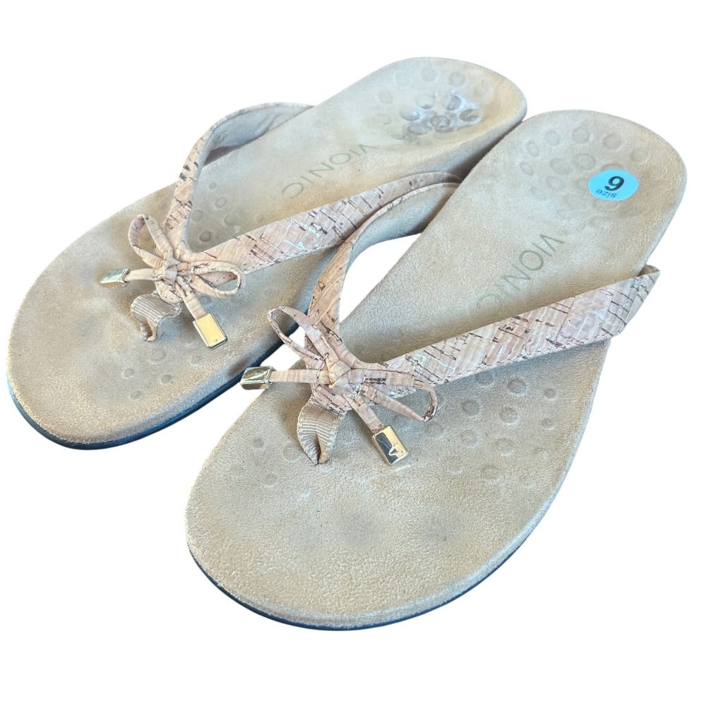Vionic Bella Cork Bow Sandals Women Tan Orthotic Flip Flop Size 6